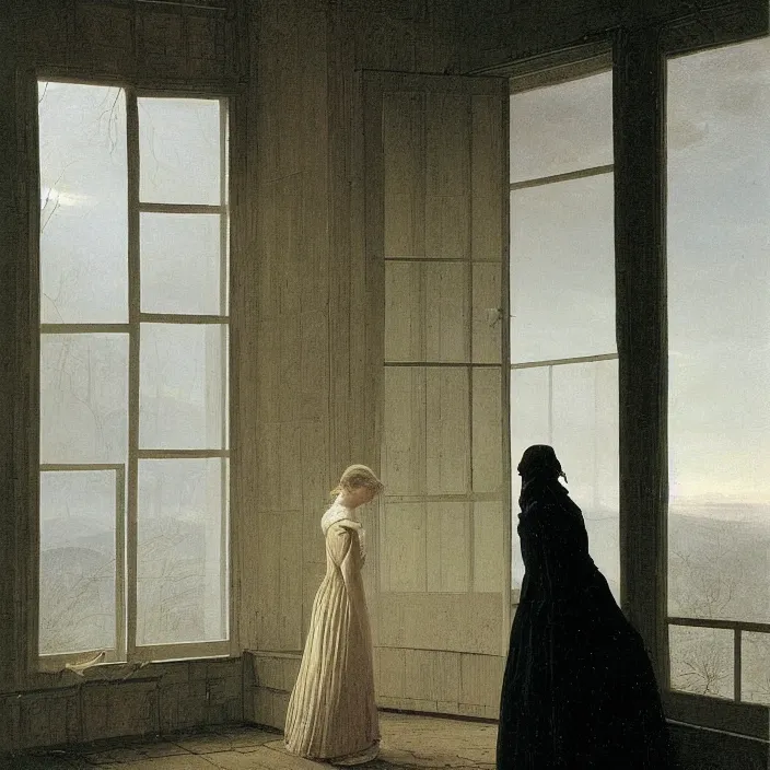 Image similar to painting of a broken window with a beautiful white woman on the outside by caspar david friedrich, at night