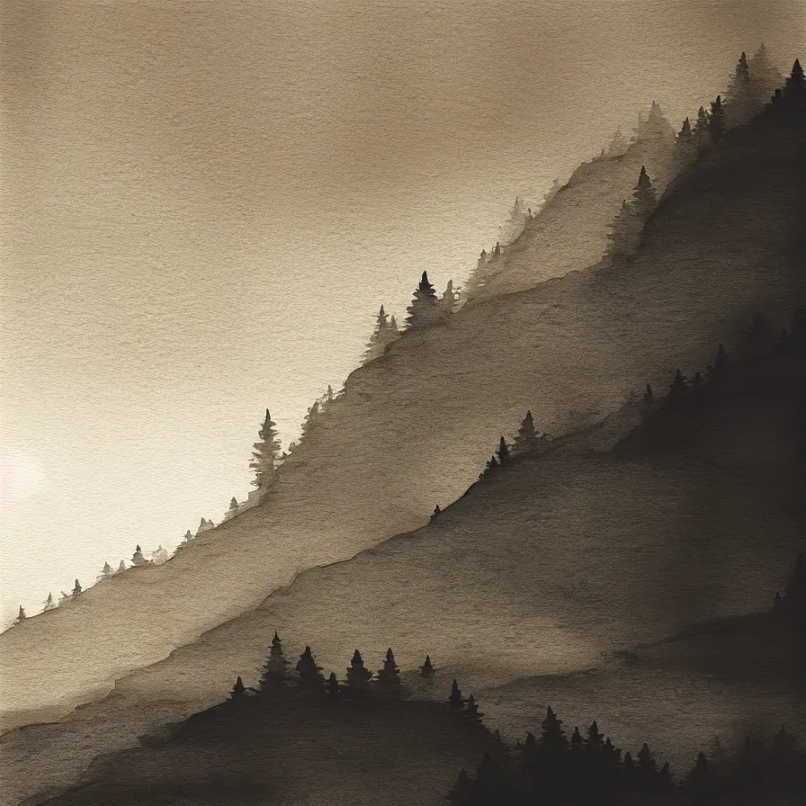 Prompt: abstract black watercolour artwork of a stone path leading down the horizon through giant pine forests down a rocky mountain coast towards a majestic sunset. atmospheric foggy landscape, soft sepia tones, psychedelic, ultra realistic, concept art, modern art, photorealistic, octane render.