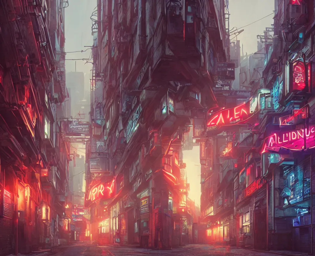 Prompt: three point perspective close wide angle shot of a matte painting environment design of future London alley with neon lights and advertisements, artstation, ultra realistic, volumetric lighting, 4k, unreal engine, octane render, art by Artgerm and Greg Rutkowski and Alphonse Mucha