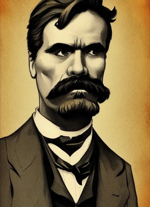 Prompt: Friedrich Nietzsche with a chiseled Jawline and serious Look, in his suit, in the Style of Artgerm and Ross Draws and Mike Mignola, beautiful colors, hard shadows, strong rim light, Comic Cover Art, plain background, trending on artstation