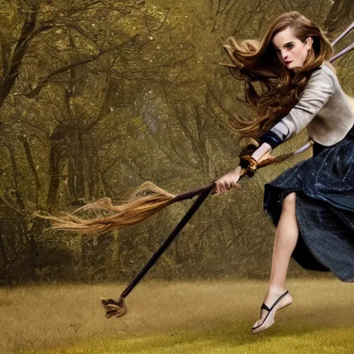 Prompt: a 4k photo of Emma Watson flying in a magical broomstick