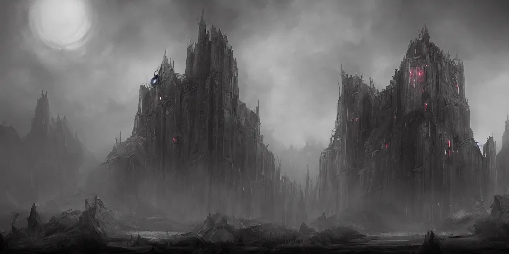 Image similar to grimdark fantasy fortress, terrifying architecture, looming, dark, fog, dark souls, artstation