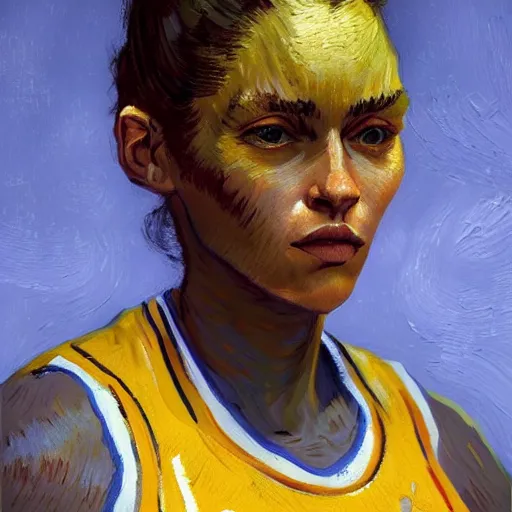 Prompt: painting of an woman basketball player, a van gogh style, greg rutkowski, cg worker artstation