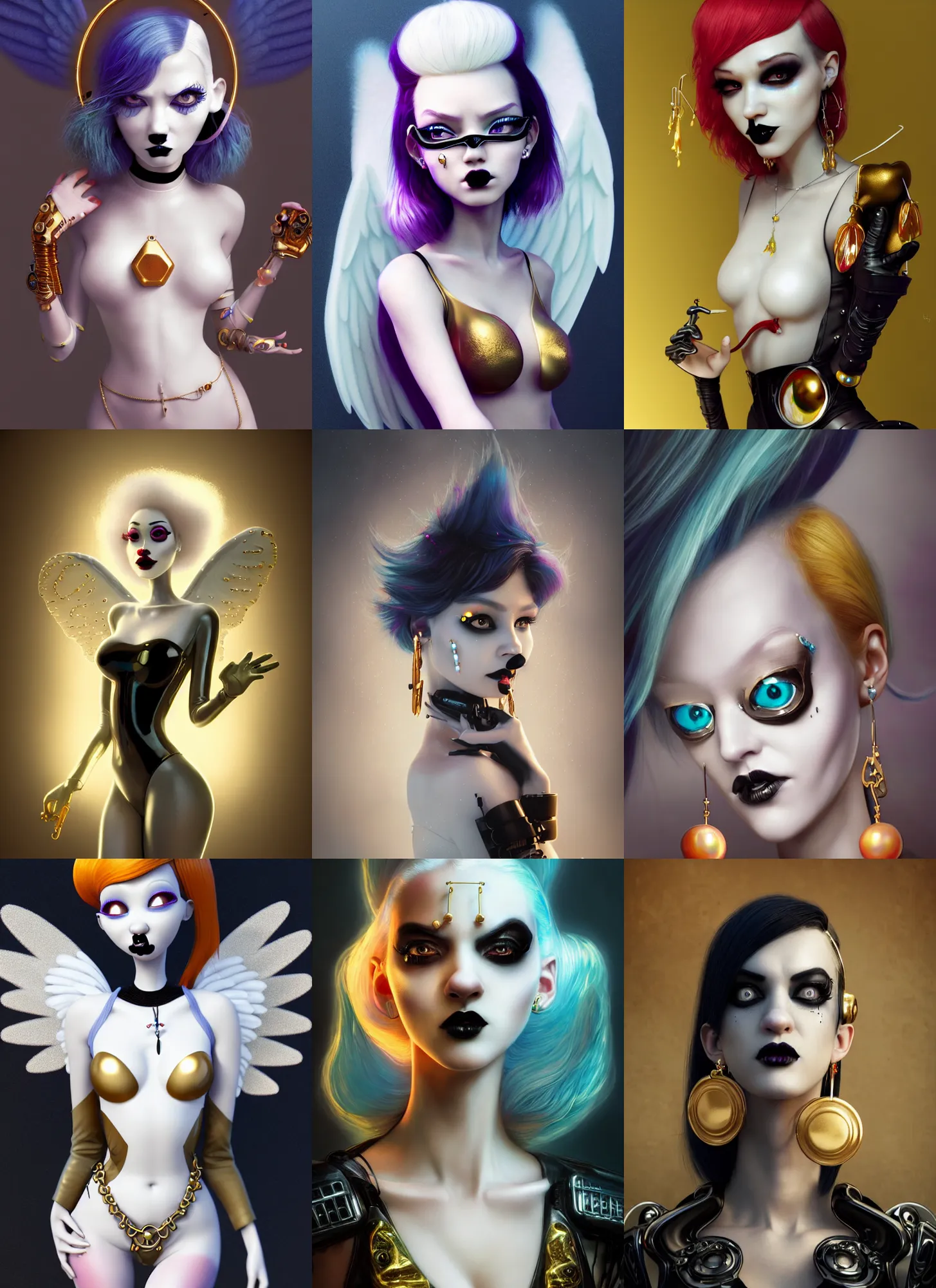 Prompt: pixar 8 k photo, beautiful shiny white porcelain rich grand pearlescent goth edc angel clownpunk cyborg college woman, elaborate earrings, latex, golden ratio, sci fi, fantasy, cyberpunk, intricate, decadent, highly detailed, digital painting, octane render, artstation, concept art, smooth, sharp focus, illustration, art by loish, wlop