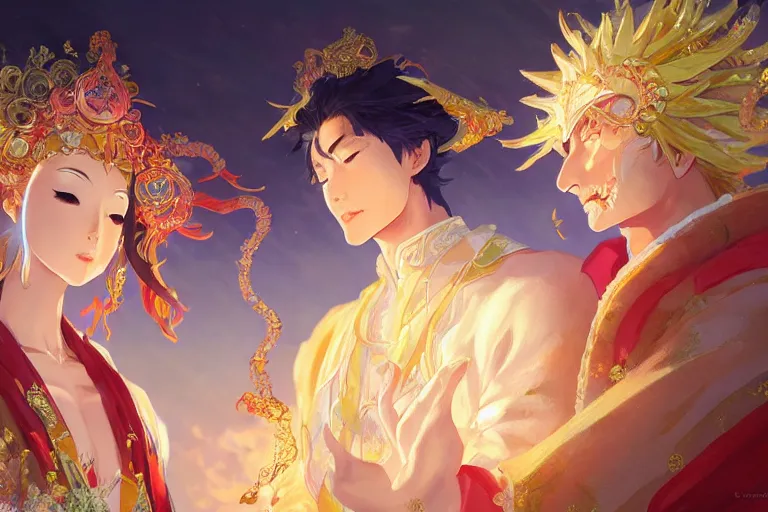 Image similar to close up moment of a divine a japan sun god and a moon goddess lovers magician at a wedding banquet, highly detailed, d & d, fantasy, 4 k realistic, digital painting, trending on artstation, concept art, sharp focus, illustration, art by makoto shinkai and akihiko yoshida and daniel gerhartz