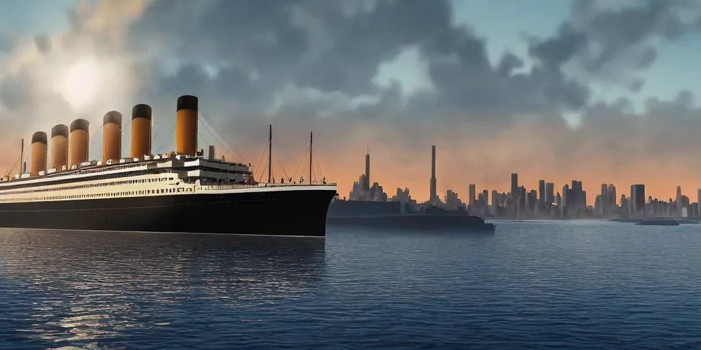 Prompt: ultra detailed and realistic painting of the titanic arriving in new york with the twin towers in the background, golden hour, inspired by very beautiful cute and colored disney movie backgrounds, rendered in 8 k unreal engine