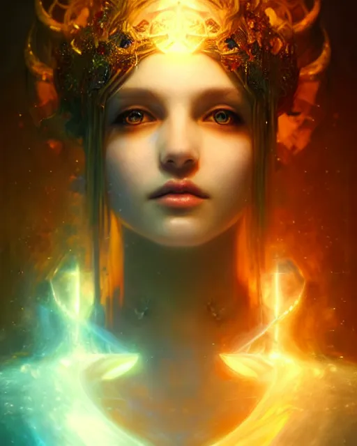 Prompt: portrait of queen of light, backlit, fantasy, magic, fractals, jewelry, volumetric lights, dramatic lighting, by ruan jia and wlop and karol bak