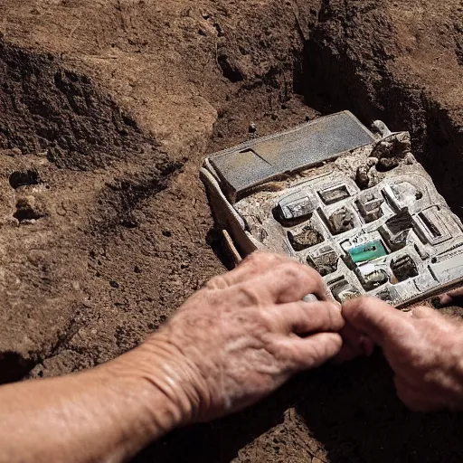 Image similar to Archeologists uncovering an ancient computer artifact from 5,000 years ago