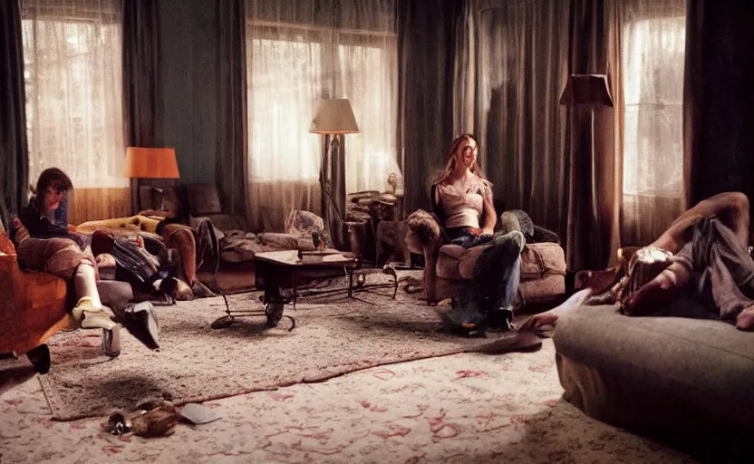 Prompt: A moody photograph of a woman sitting next to a man in a 90s living room, Gregory Crewdson, Wes Anderson