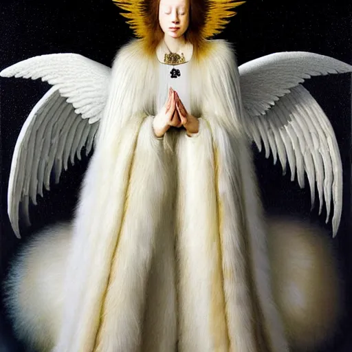 Image similar to highdetailed hyperrealistic painting of white angel!!! no gender!!!, giant ball of miracle light from the chest!!!!!, white sparkles everywhere, 4 k hd fur face!!!, big wings, by jan van eyck, holography space, glow effect, large strokes, white monochrome color!!!!!