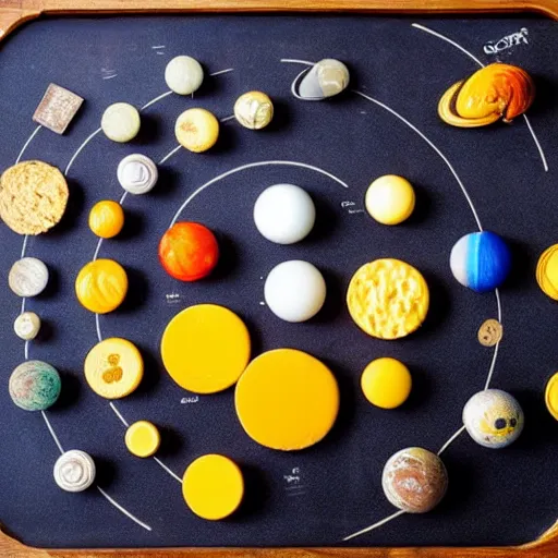 Prompt: solar system made of cheese. Photography.