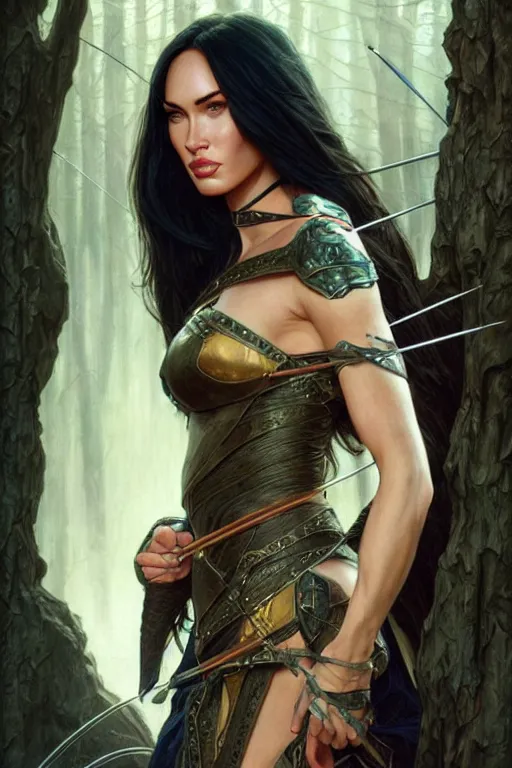 Image similar to portrait of megan fox as an elven archer, dark, piercing eyes, gentle expression, elegant clothing, photorealistic, highly detailed, artstation, smooth, sharp focus, art by michael whelan, artgerm, greg rutkowski and alphonse mucha