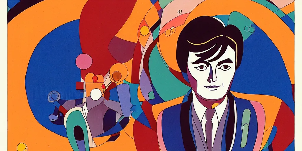 Prompt: traditional drawn colorful animation a symmetrical portrait of lonely single Alain Delon alone from 1960 pilot in posing in spaceship station planet captain bridge outer worlds robots extraterrestrial hyper contrast well drawn in Jean Henri Gaston Giraud animation film The Masters of Time FANTASTIC PLANET La planète sauvage animation by René Laloux