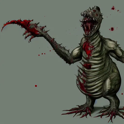 Image similar to big butcher anthropomorphic male lizardfolk posing scarily, scary angry pose, covered in blood, fresh kill, cleaver, in a cave, earie setting, lovecraft, eldritch, horror, hyperdetailed, furaffinity, anthro art