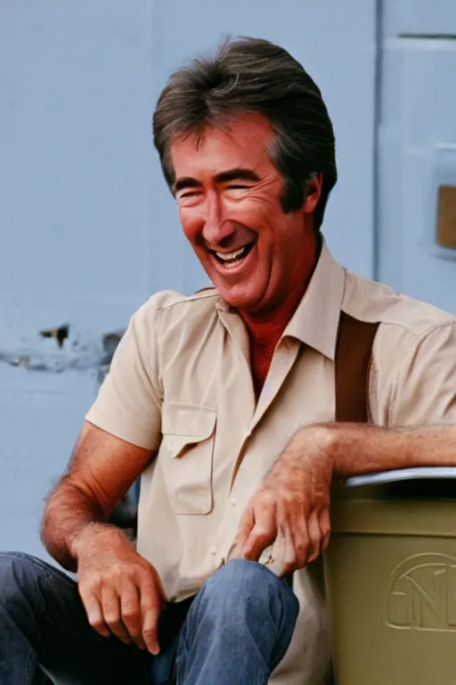 Image similar to randy mantooth laughing sitting in a dumpster drinking beer