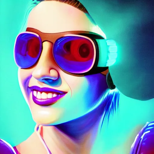 Prompt: closeup painting of a very beautiful young mexican cyberpunk woman with a smile, light blue neon shutter shades!! on her face, and a purple coloured leather jacket, one side haircut, long brown hair with light blue ends, portrait, sci - fi, hyperdetailed, cgsociety, synthwave by tangerine dream, by jean - michel jarre, by vangelis, by john carpenter