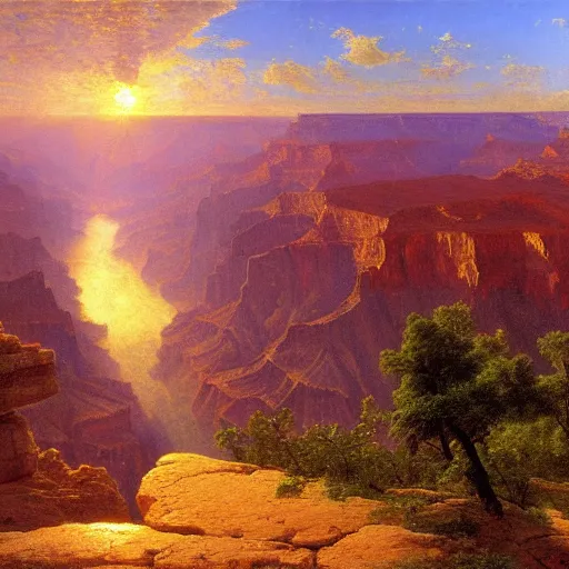 Prompt: a beautiful ultra - detailed realistic oil painting of the grand canyon by albert bierstadt, emanuel leutze, and george caleb bingham. wallpaper 4 k. sunset. no people