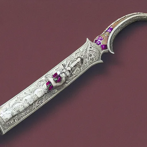 Prompt: hyperrealistic photograph! of a royal silver!! claymore sword, ornate with rubies and amethysts!!!!, crusade style