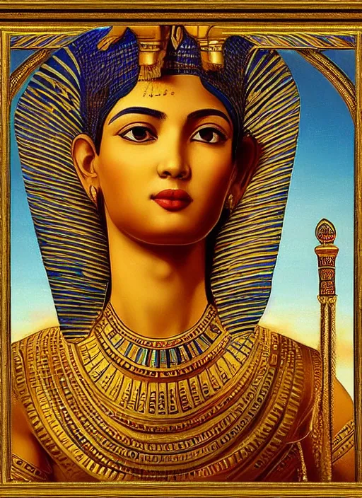 Prompt: beautiful young egyptian muse, in golden egyptian ornaments, reaching towards the heavens, holy imagery, ornamental frame, highly detailed, beautiful colors, renaissance mural, golden ratio, in the style of sandro boticceli