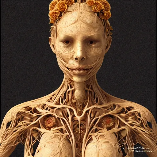 Image similar to beatifull frontal face portrait of a woman, 150 mm, anatomical, flesh, flowers, mandelbrot fractal, veins, arteries, symmetric, intricate, golden ratio, full frame, microscopic, elegant, highly detailed, ornate, ornament, sculpture, elegant , luxury, beautifully lit, ray trace, octane render in the style of peter Gric , alex grey and Romero Ressendi