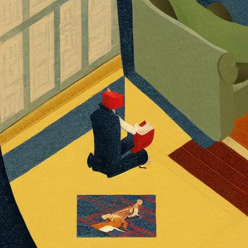 Image similar to a man sitting on top of a rug, a storybook illustration by marius borgeaud, behance contest winner, magical realism, isometric, storybook illustration, photoillustration