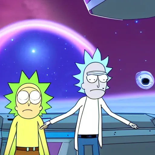 Image similar to screenshot rick and morty flying in their regular ufo in deep space, the death star explodes on background