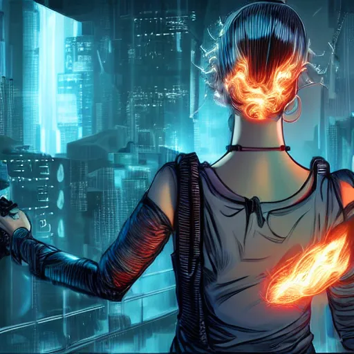 Image similar to young cyberpunk woman from behind with flames coming out of hands at the end of the world, very detailed, realistic, symmetrical face, art by invincible