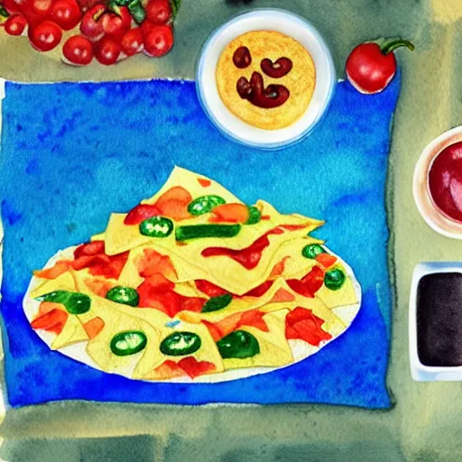 Image similar to watercolor nachos with cheese and jalapeno illustrations, white background, front camera view, forward facing, drawing, cartoon, in the style of shyama golden