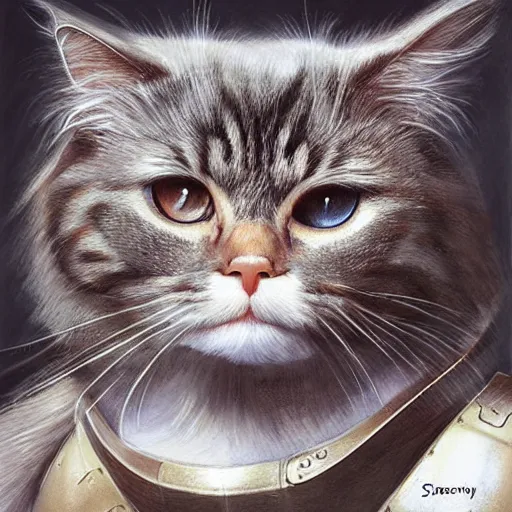 Image similar to portrait of a british longhair cat sodier with armor in the war, by stanely artgerm