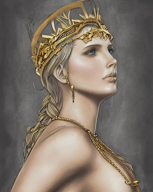 Image similar to tattoo sketch of hot blonde super model as aphrodite greek goddess wearing a gold laurel wreath and triangle earrings, beautiful piercing gaze with sharp pupils, in the style of greg rutkowski, fantasy, amazing detail, epic, elegant, smooth, sharp focus, front view