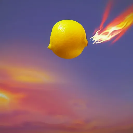 Prompt: a painting of a lemon on fire, hovering and glowing