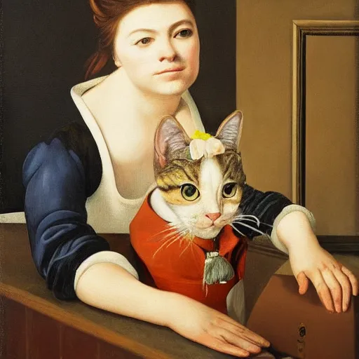 Prompt: a realistic painting of a cat making eye contact with the painter wearing a suit and a tie in the style of artemisia gentileschi