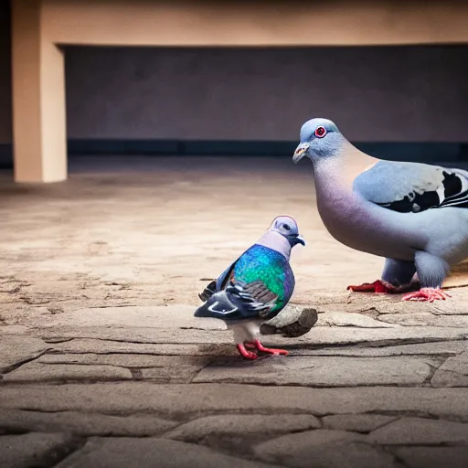 Prompt: a pigeon vs a kid kung fu style in a dojo for a piece of bread, facing each other, stand off, muscled pigeon like the rock, best photo award, high quality 8 k, cinematic lighting, cinematic composition, high detail, landscape photo
