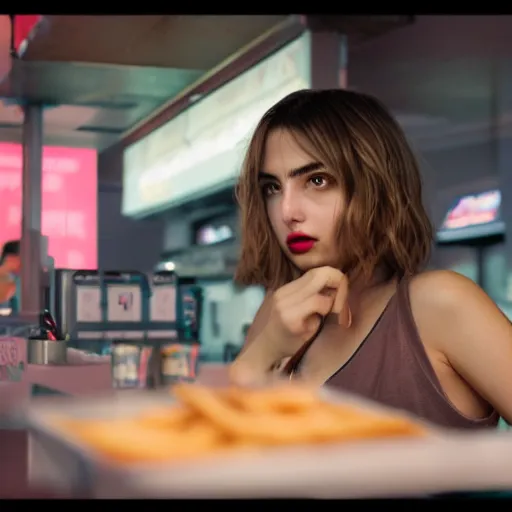 Image similar to ana de armas portrait working in a fast food restaurant, in a cinematic cyberpunk style, 3 5 mm