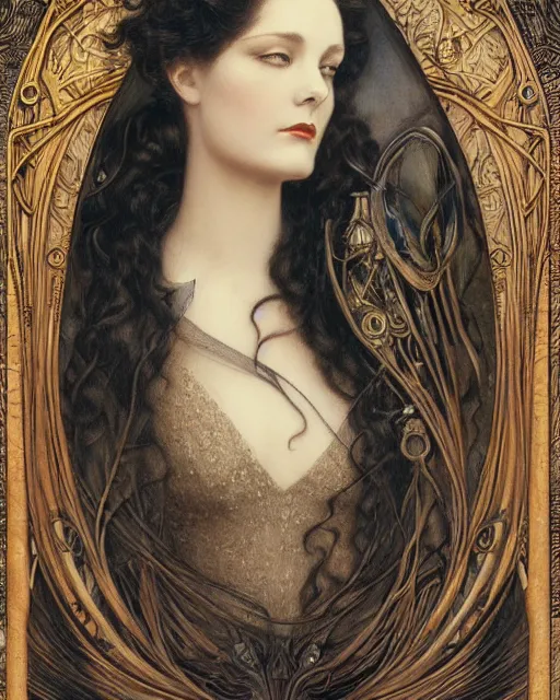 Image similar to in the style of beautiful vivien leigh, steampunk, detailed and intricate by jean delville, gustave dore and marco mazzoni, art nouveau, symbolist, visionary, gothic, pre - raphaelite
