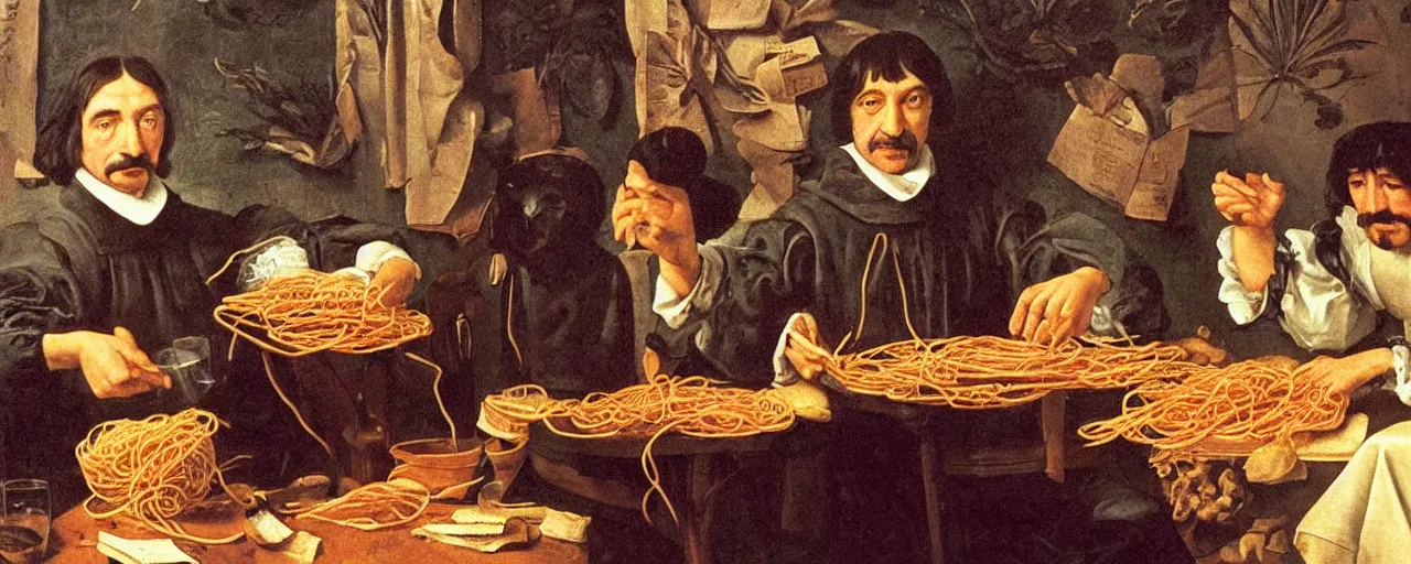 Prompt: rene descartes discussing spaghetti philosophy, 1 5 0 0 s, kodachrome, in the style of wes anderson, retro