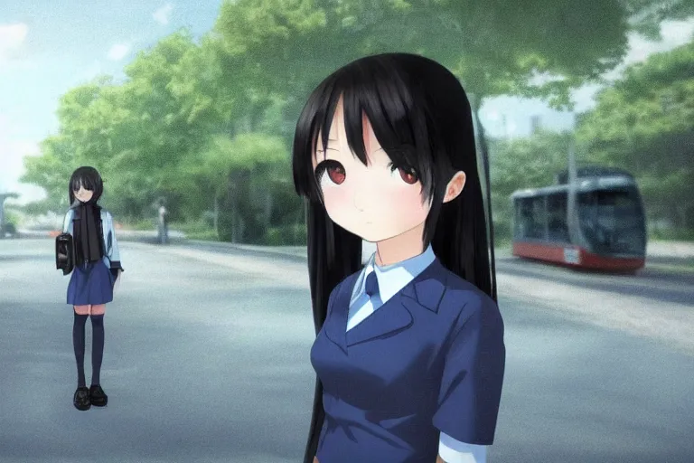 Image similar to japanese style, a 1 5 - year - old girl with long black hair, wearing a black uniform and sky blue short skirt, blue pupils, blue tie, carrying a black backpack, at the tram station, thin face, high light eyes, face, surrealism, movie level realism, virtual engine 5, fine texture, real light and dark composition, mixer rendering