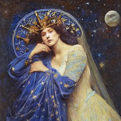 Image similar to the queen of the moon and the stars in full regalia, by Annie Swynnerton and Tino Rodriguez and jean delville, elaborately costumed, rich color, dramatic cinematic lighting, extremely detailed