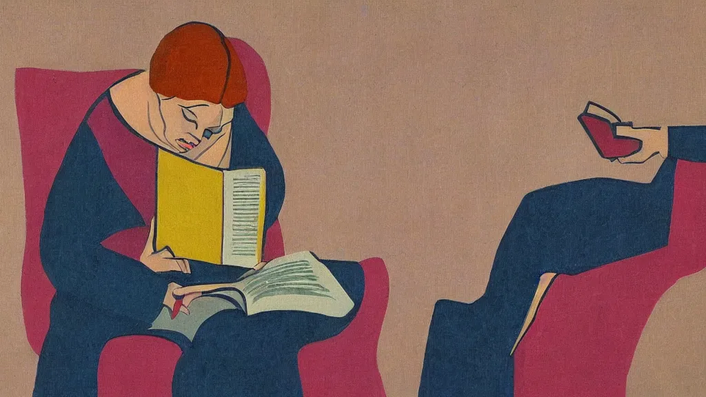 Prompt: a woman reading a book modernism artwork