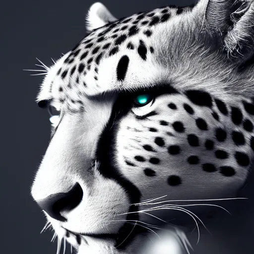 Image similar to closeup profile shot of a neon cheetah, city lights, strong bokeh, dramatic, cinematic, high contrast, octane render, cgsociety, artstation, 4k