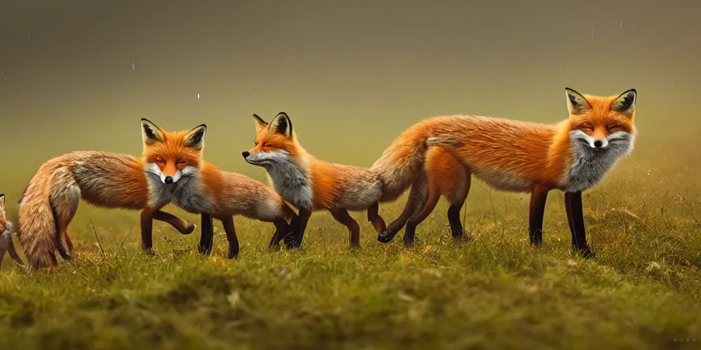 Image similar to family of foxes nearIdyllic pond, meadow, forest trail, blanket of fog, rain, volumetric lighting, beautiful, golden hour, sharp focus, ultra detailed, cgsociety