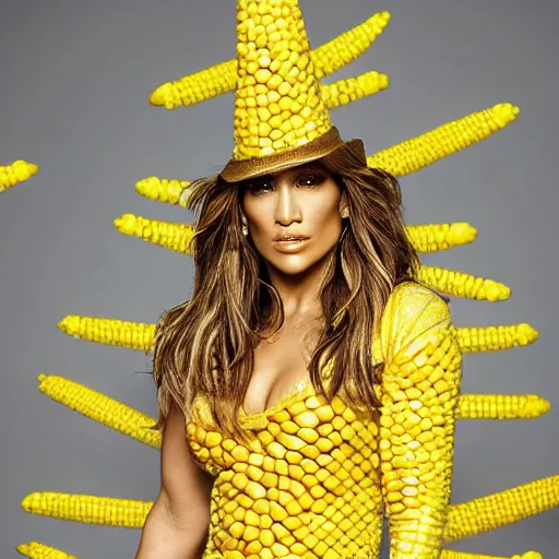 Image similar to full body photo of jennifer lopez, she is wearing a funny kid's hallowen costume of corn on a cob, studio lighting, corn on a cob everywhere