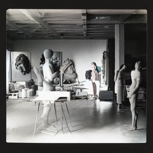 Image similar to polaroide photo inside of a greek sculpture atelier with artists working, award winning photo, color