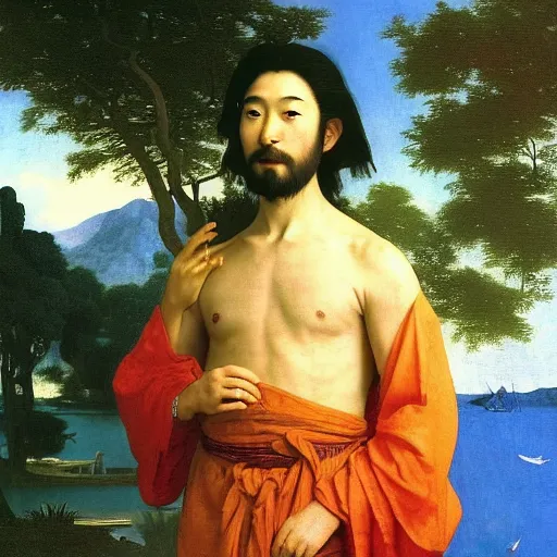 Prompt: A beautiful young Asian man with long shiny hair and big green eyes in a beautiful traditional silk robe standing in a beautiful garden watching a big dolphin that is jumping from the lake, he is a prince and a serious person but is smiling, by Johannes Vermeer, Frank Frazetta and William Adolphe Bouguereau, fantasy, trending on artstation, amazing details, mtg, digital painting, concept art