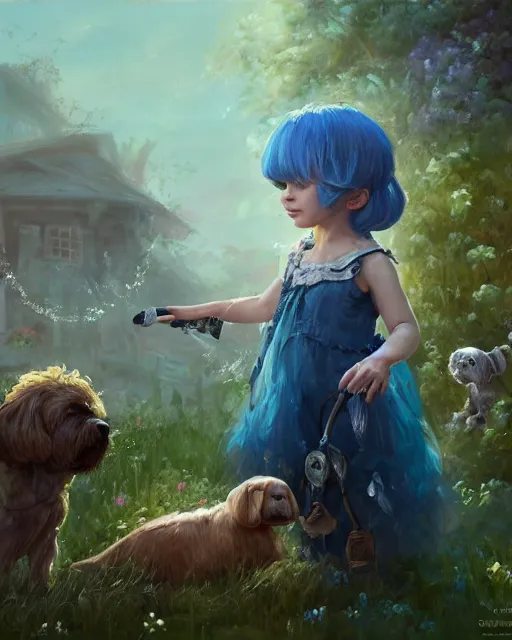 Prompt: a highly detailed oil painting of A little girl, in professional makeup, with medium length blue hair covering an eye, and a garden with dog, and large obsidian crystals, cinematic lighting, dramatic atmosphere, by Dustin Nguyen, Akihiko Yoshida, Greg Tocchini, Greg Rutkowski, Cliff Chiang, 4k resolution, trending on artstation