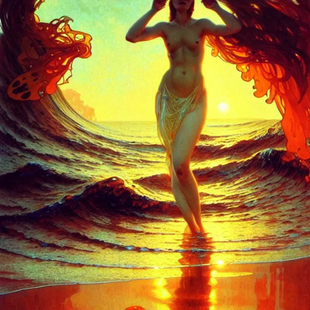 Image similar to ocean waves of glossy liquid honey drops flowing like translucent amber, lsd waves, lsd ripples, backlit, sunset, refracted lighting, art by collier, albert aublet, krenz cushart, artem demura, alphonse mucha