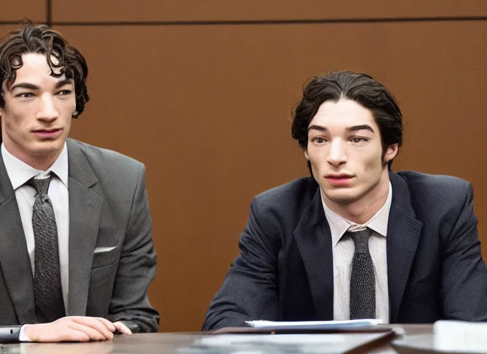 Image similar to Saul Goodman defending Ezra Miller in court, photography, realistic faces, detailed