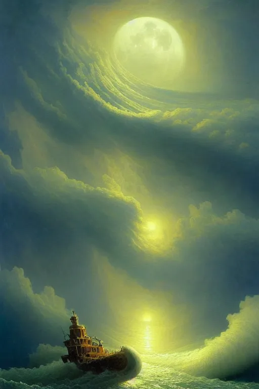 Image similar to A stunning detailed Shoggoth by Vladimir Kush and Ivan Aivazovsky, , stormy ocean, beautiful lighting, full moon, detailed swirling water tornado, artstation