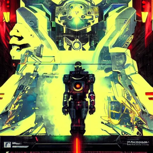 Image similar to the fullmetal neon friendly robot orion crosses the infinite boundary between reality and simulation, game poster by dave mckean, ivan shishkin, james jean and yoji shinkawa