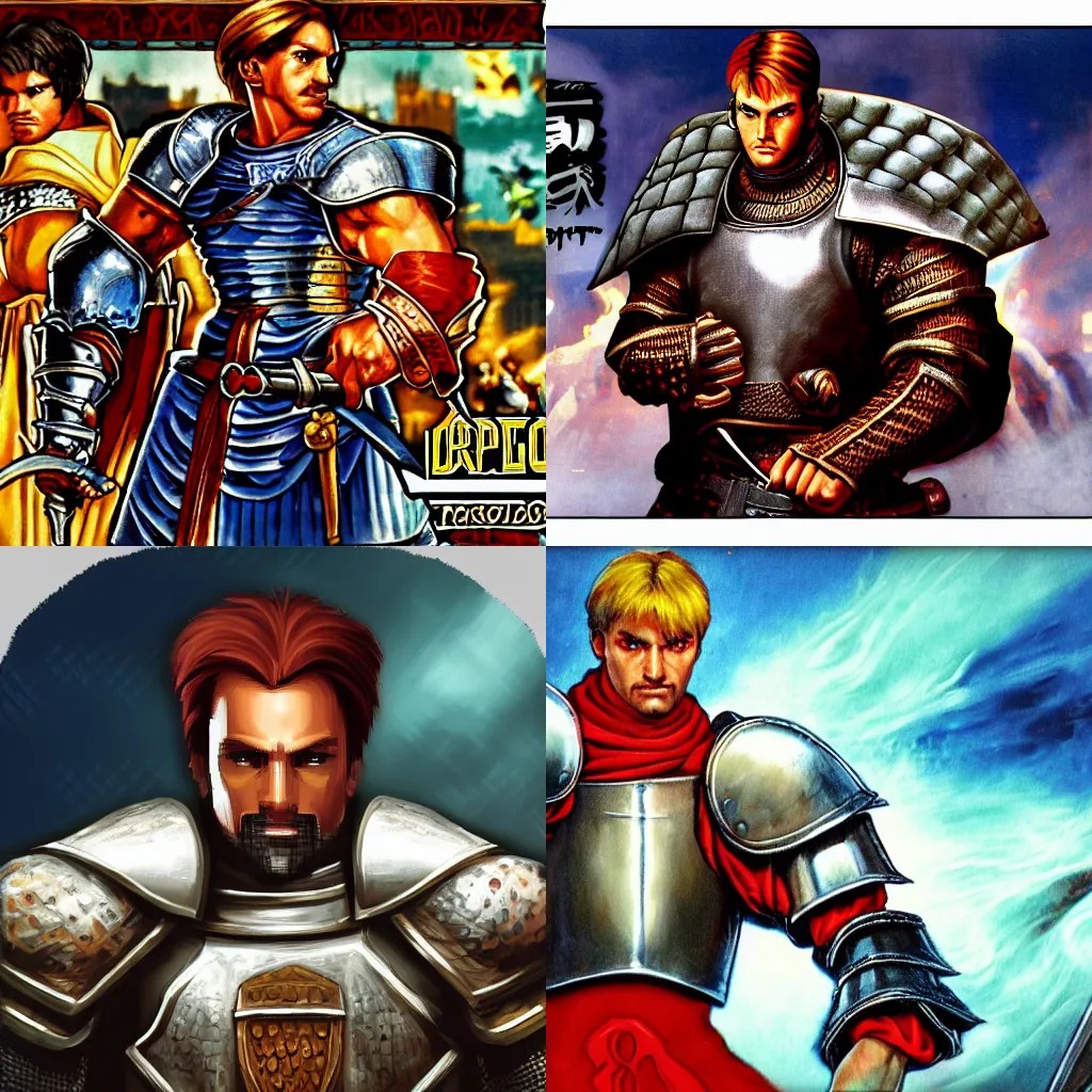 Prompt: portrait medieval knight in double dragon video game splash screen